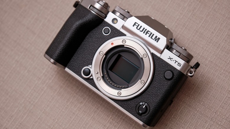 Silver Fujifilm X-T5 with exposed sensor