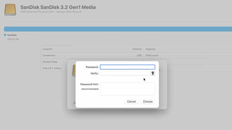 Password dialog box for drive encryption on Mac
