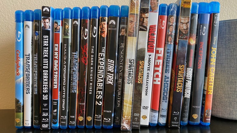 An assortment of movie Blu-rays lined up