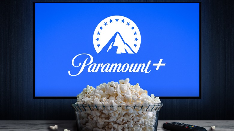 popcorn in front tv with paramount+ logo