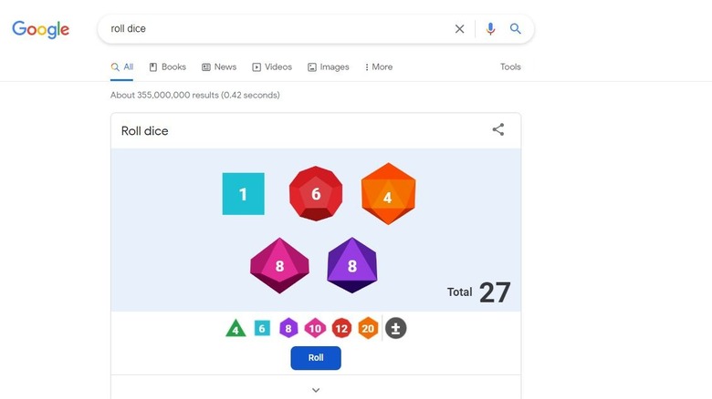 Google's roll dice Easter egg