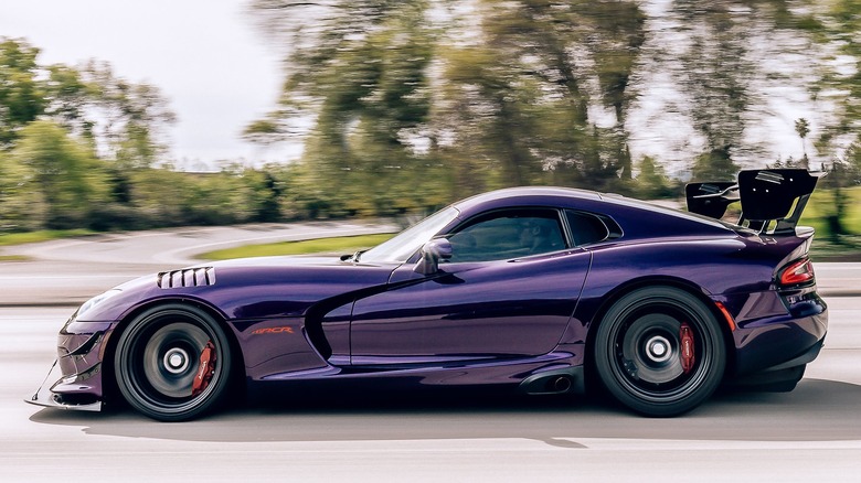 Purple Dodge Viper on road 