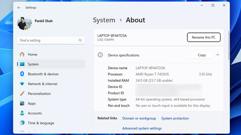 System tab in Windows 11 Settings app showing system type