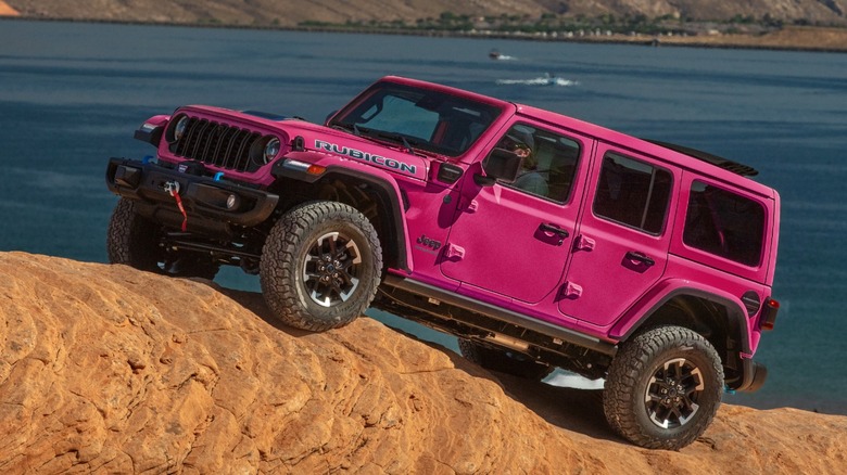 A pink Jeep Wrangler Rubicon