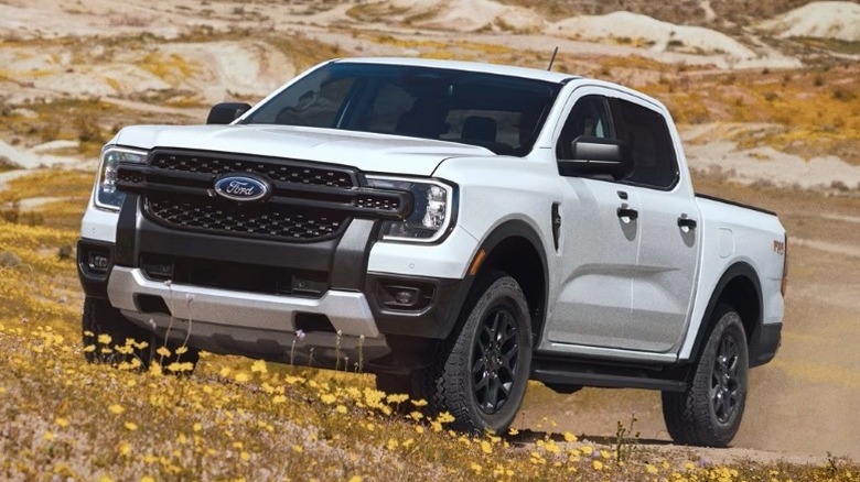 White Ford Ranger parked on a dirt surface with yellow wildflowers