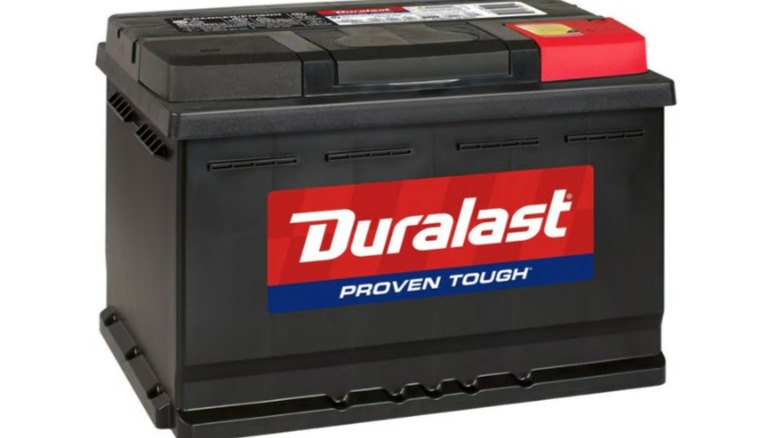 A stock image of a Duralast car battery.