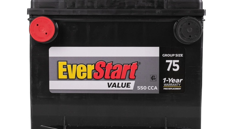 A stock image of a Walmart EverStart automotive battery.