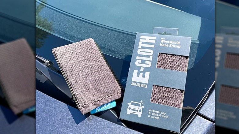 E-Cloth Windshield Haze Eraser displayed on windshield