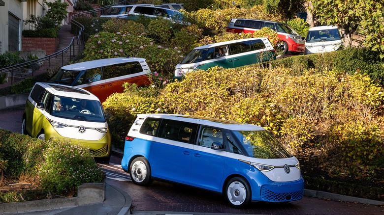 VW ID. Buzz models driving down Lombard St. in San Francisco