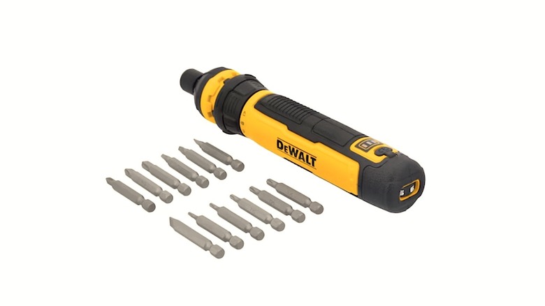 DeWalt powered handheld screwdriver displayed with various bits