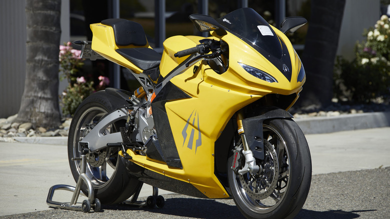 yellow Lightning Strike motorcycle parked