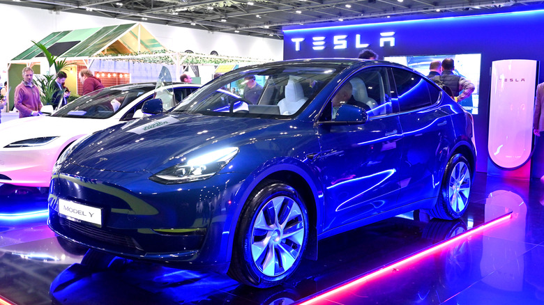 blue Tesla Model Y on showroom floor