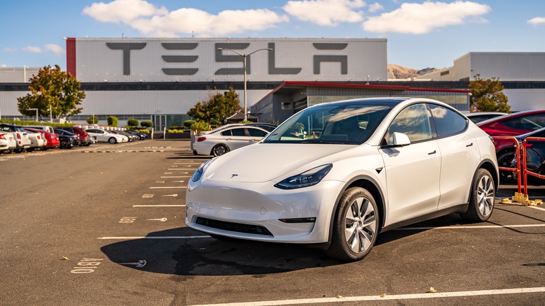 A Tesla Model Y parked outside Tesla dealership