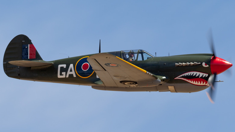 A Curtiss P-40 Tomahawk with its engine cowling painted as a shark's mouth.