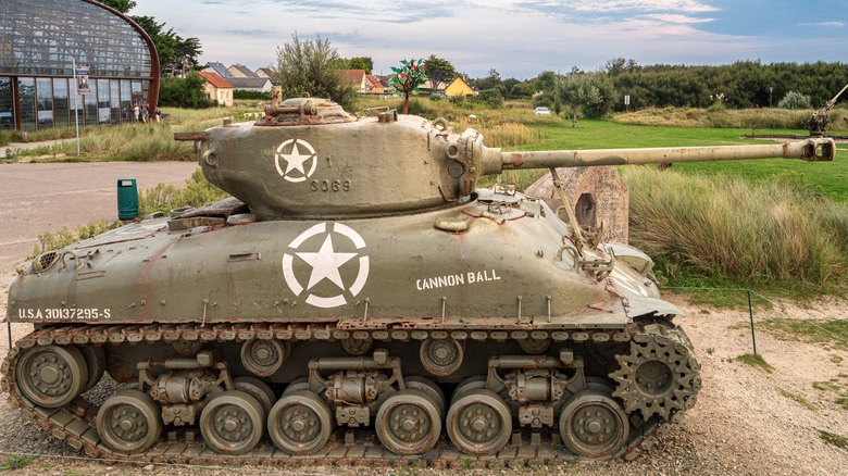 An M4 Sherman tank in a field.