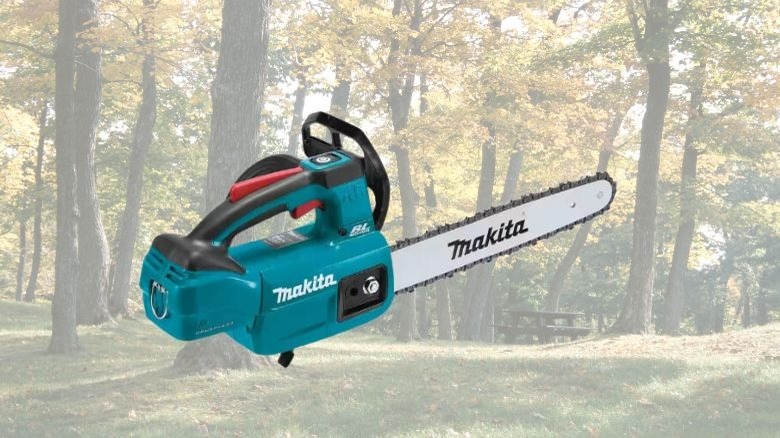 Makita 12-inch top handle chainsaw against wood background.