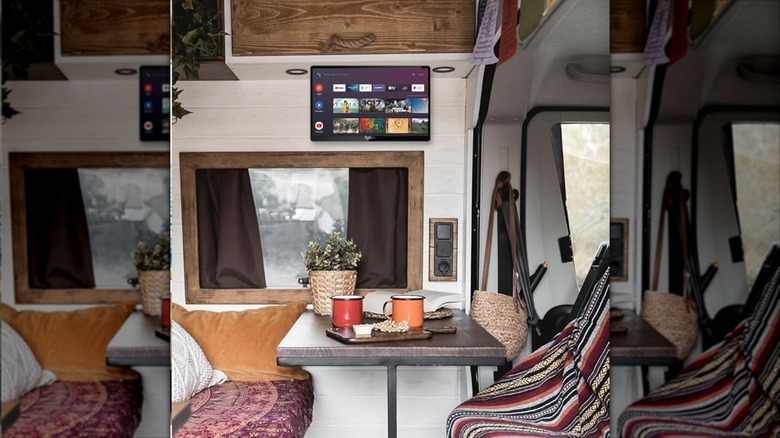 The 15.6-inch Sylvox Flip-Down 12V TV mounted above a camper dinette.