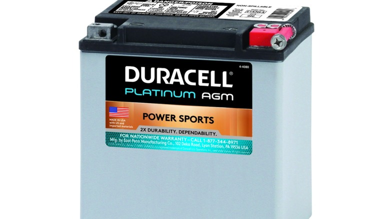 A stock image of a Duracell motorcycle battery.