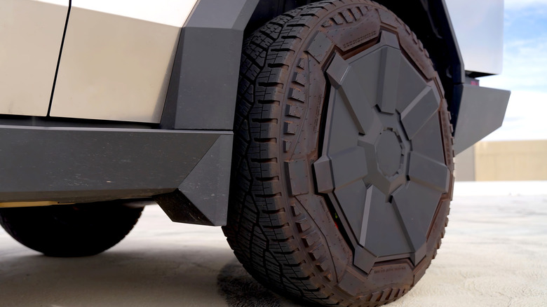 A close-up shot of a Tesla Cybertruck wheel