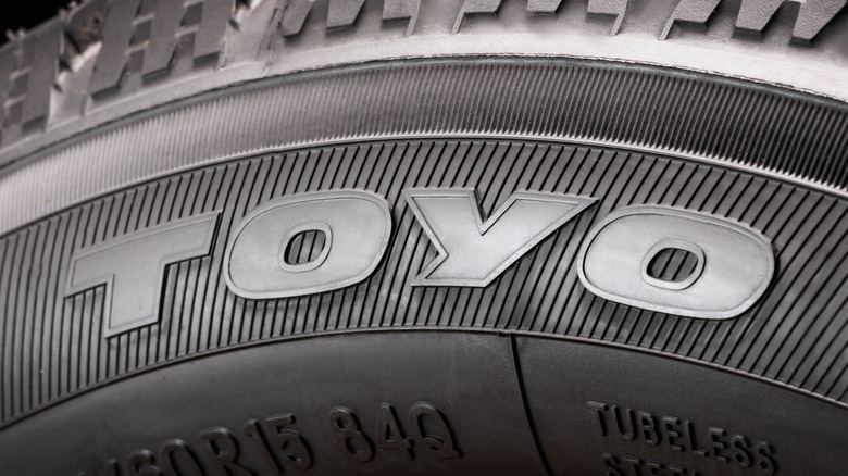 A snap of the Toyo branding on a tubeless tire