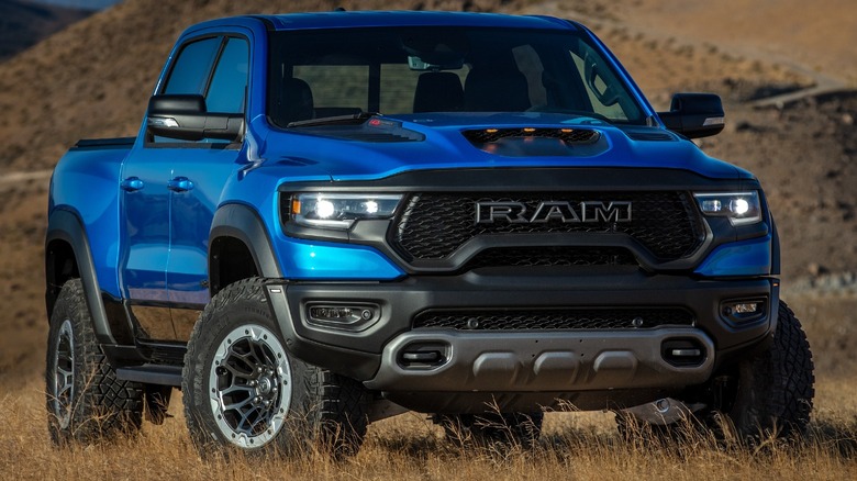 2021 RAM 1500 TRX In Blue Parked In Mountainous Terrain