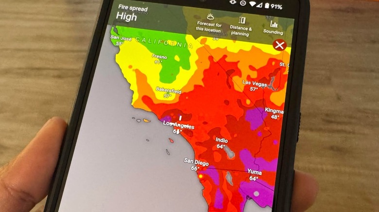 Windy.com app shows high fire spread in Los Angeles