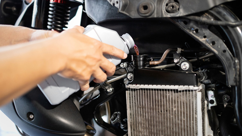 Hands of motorcycle mechanic filling cooling system