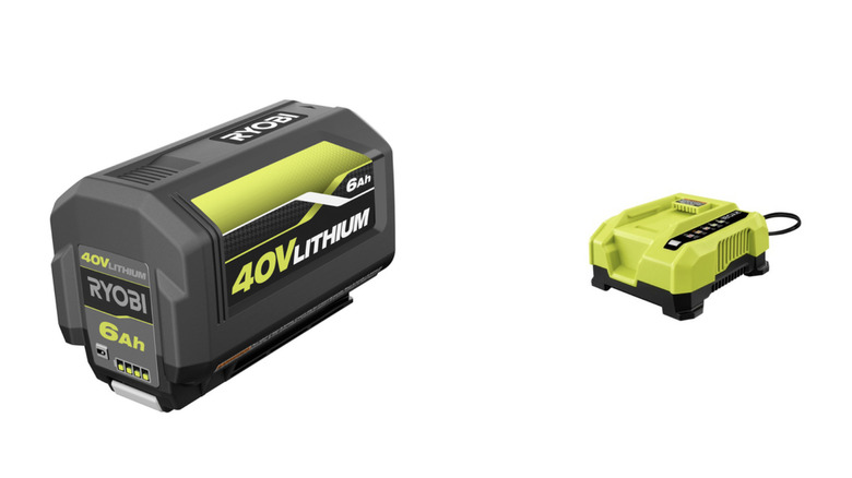 A Ryobi lawn mower's battery and charger