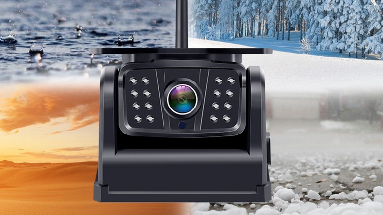 Wireless camera with images of different weather behind it