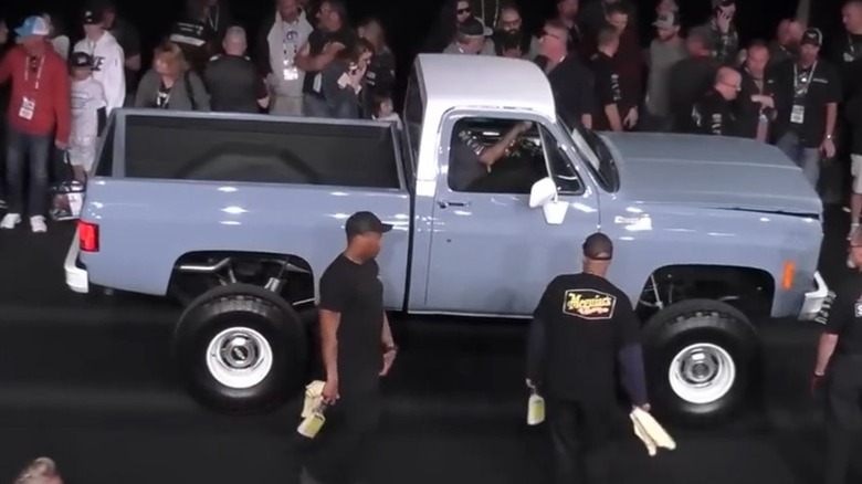 White over light blue 1979 Chevy K10 pickup at Barrett-Jackson auction.