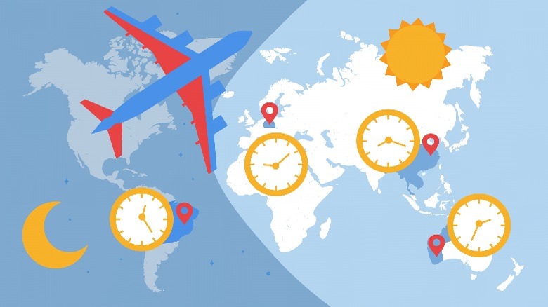 Graphic of a plane flying over a map with clocks representing time zones