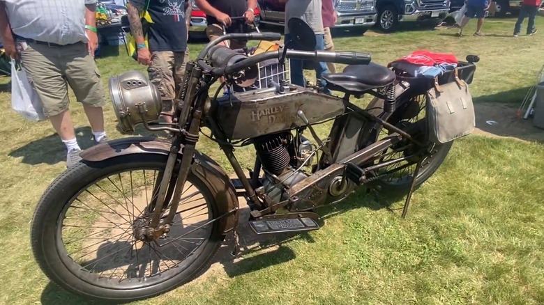 A 1915 Harley Davidson 11-F on display at a show