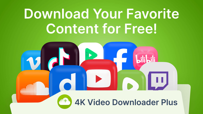 Colorful graphic depicting icons of all the different types of videos you can download with 4K Video Downloader Plus