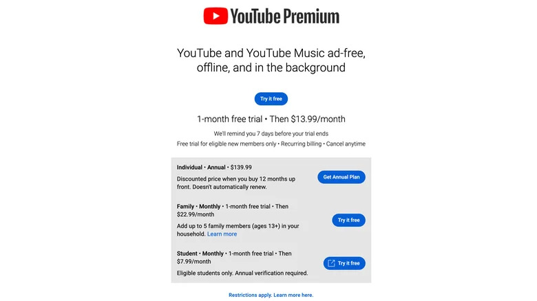 Youtube Premium fees