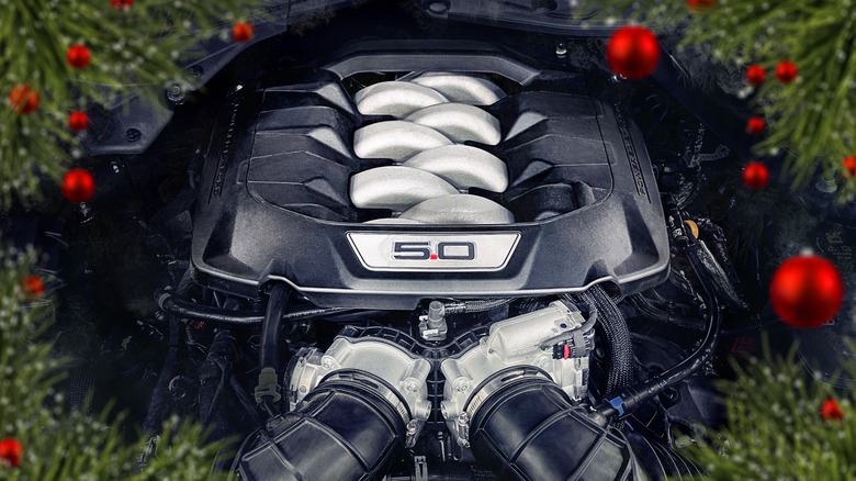 5.0 Coyote engine wrapped in a Christmas wreath