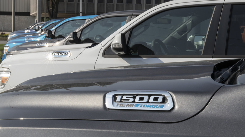 Line of Ram 1500 trucks with Hemi eTorque badges