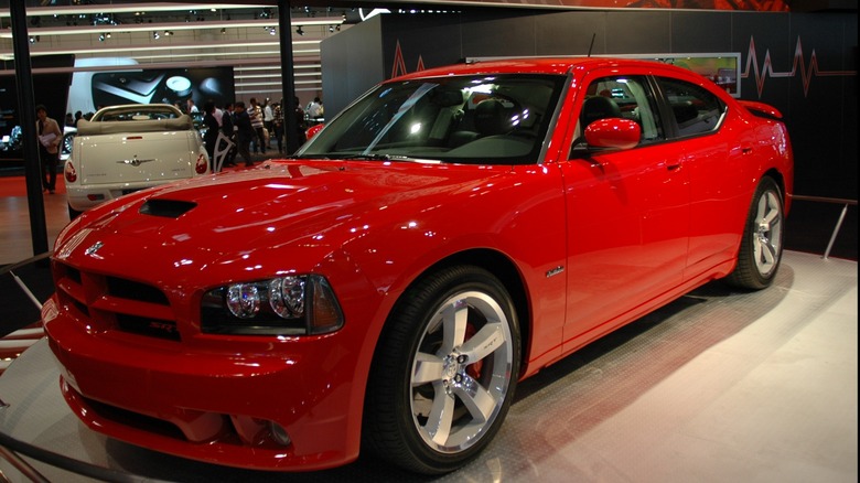 Red 2007 Dodge Charger SRT8 at an autoshow