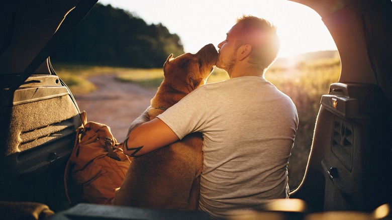 Man and dog inside back of car