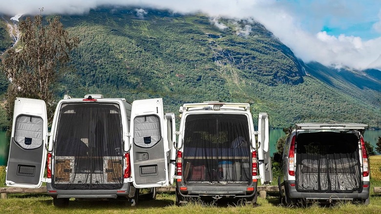 Three vans with mosquito nets on back door