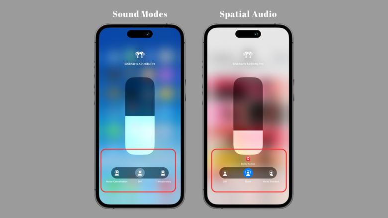 Screenshot of sound modes and Spatial Audio toggle on iPhone