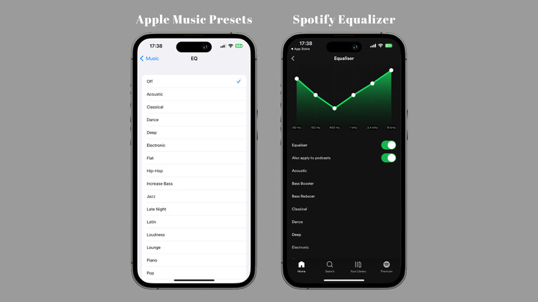 Screenshot of Apple Music presets and Spotify equalizer