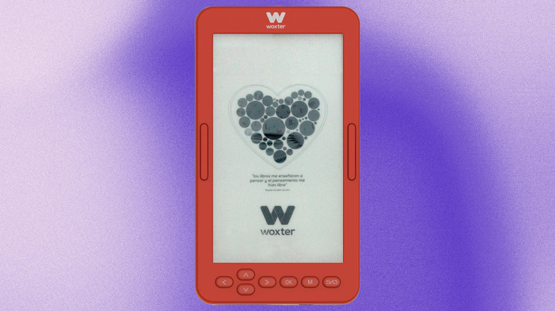 Front view of the Woxter Scribe 195 S e-reader depicting its buttons and monochrome screen.