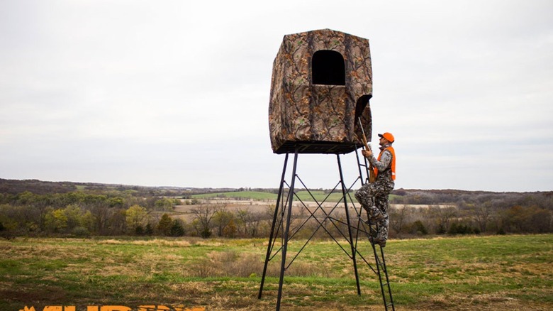 Man climbing to hunting blind