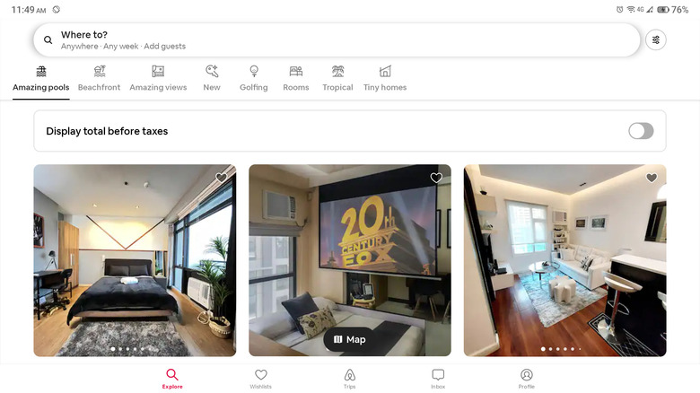 Airbnb app home page