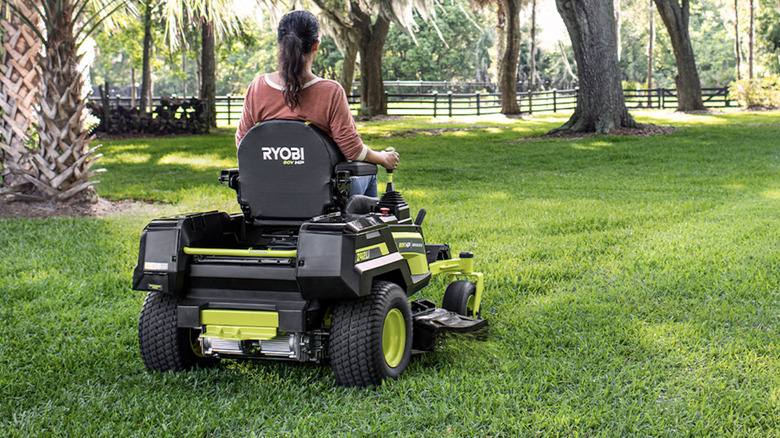 Ryobi 80V HP 42-inch Electric Zero-Turn Riding Mower in use