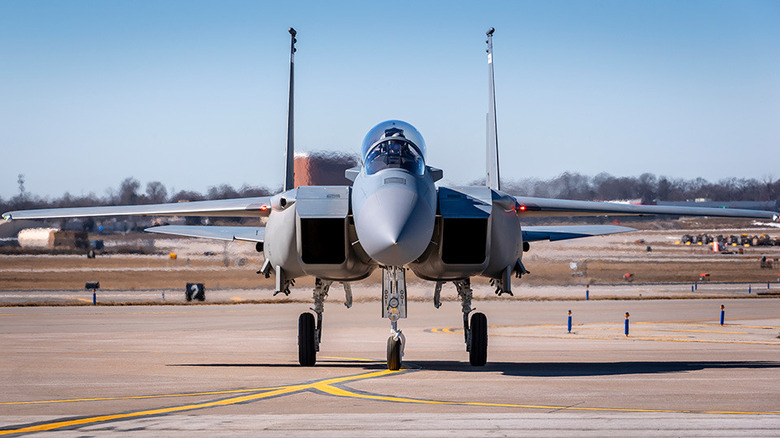 A Boeing F-15EX taxiing on the runway, seen from the front