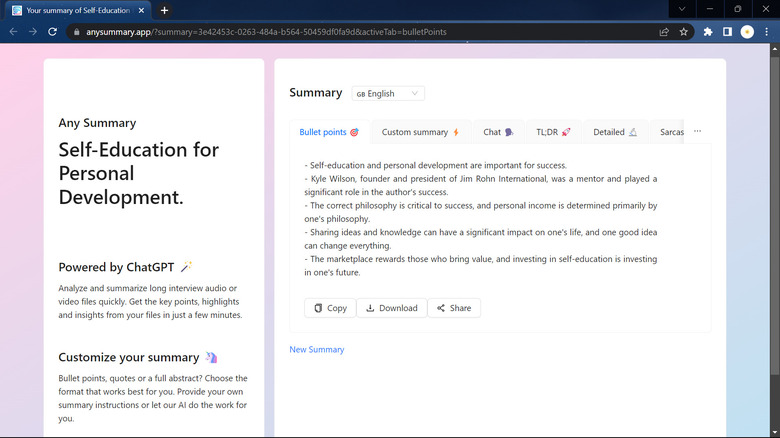 any summary sample chat