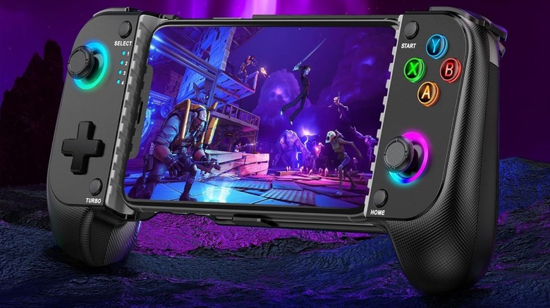 NinjaPlusOX Gaming Controller with installed phone and RGB lighting.