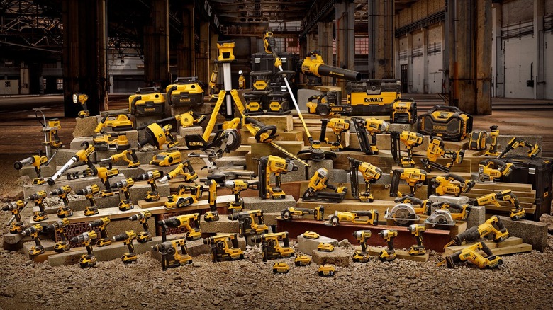 various DeWalt power tools on display