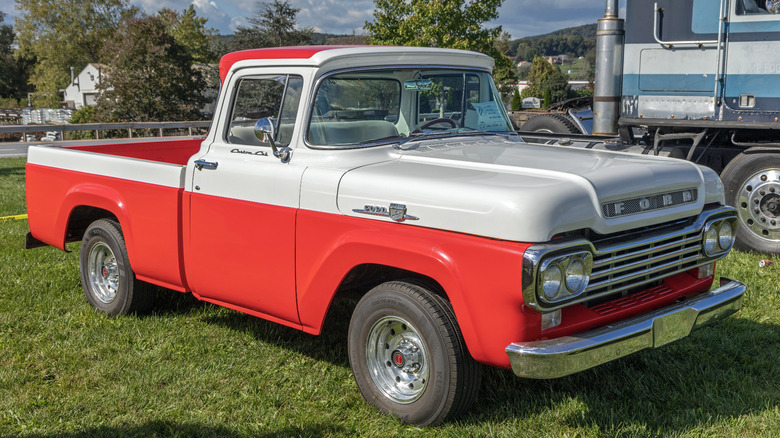 1959 red and white Ford F series pickup